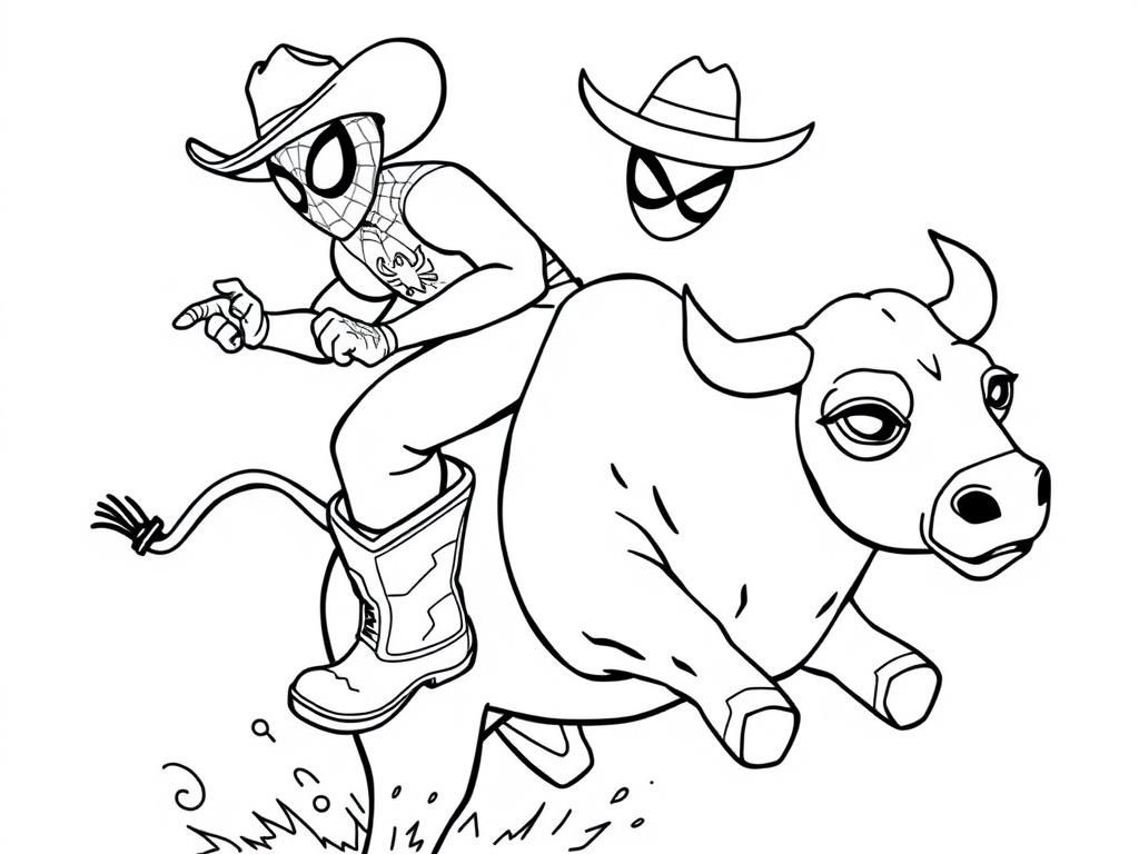 spiderman wearing cowboy boots and a cowboy hat while riding a mechanical bull - Free Printable Coloring Page