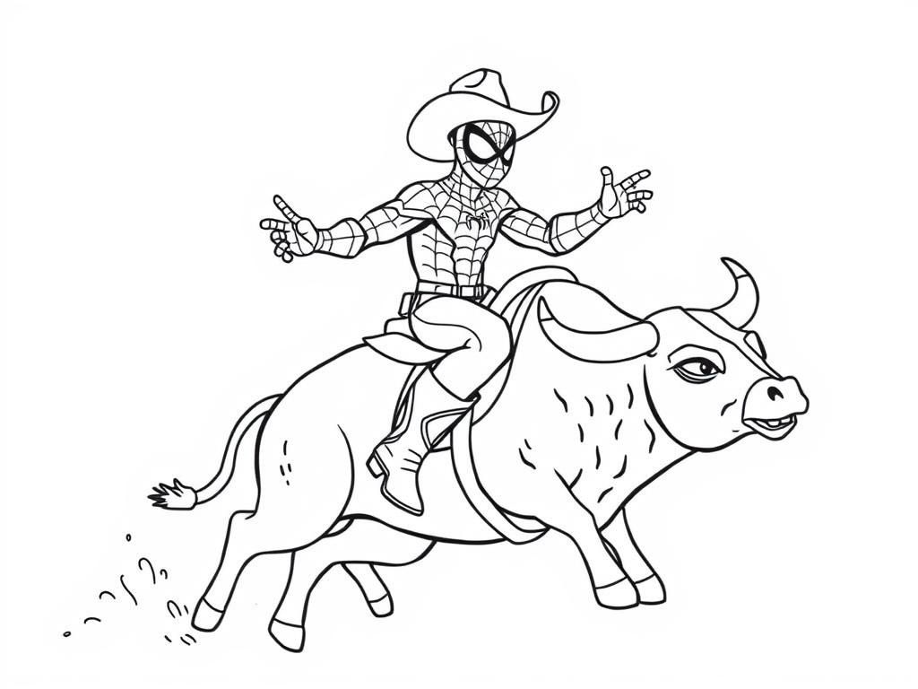 spiderman wearing cowboy boots and a cowboy hat while riding a mechanical bull - Free Printable Coloring Page