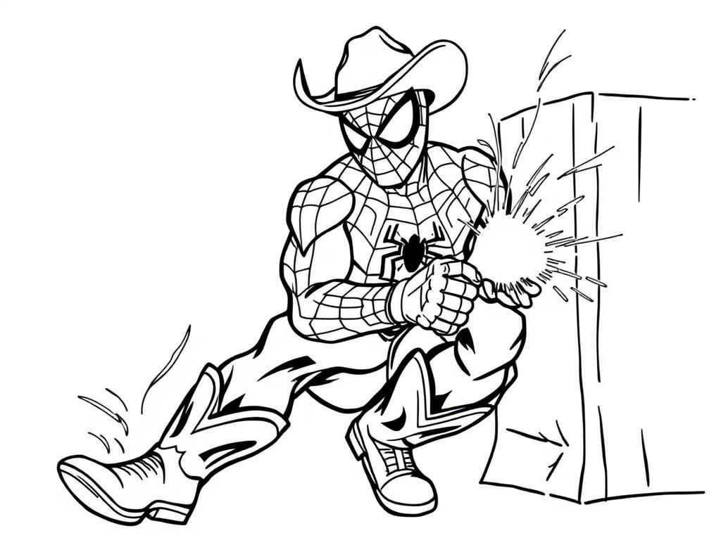 spiderman wearing cowboy boots and a cowboy hat while welding - Free Printable Coloring Page