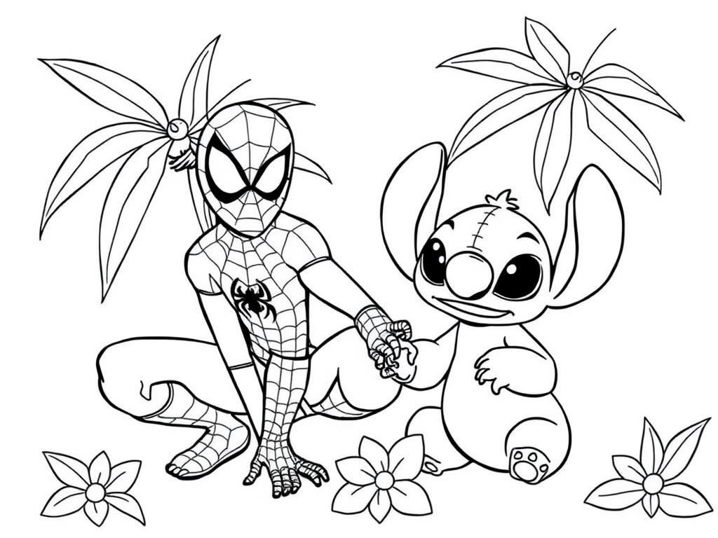 spiderman with lilo and stitch in hawaii - Free Printable Coloring Page