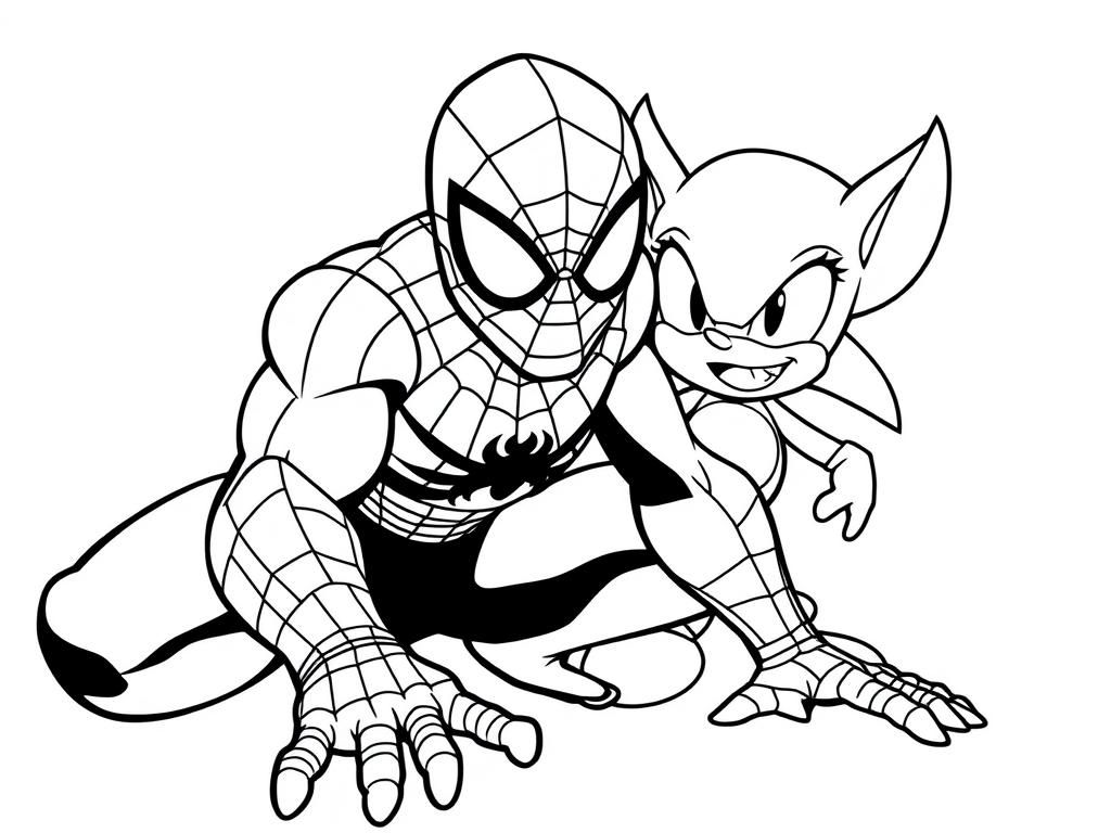 Spiderman with Sonic in the forehand, Stich is in the background, it's for 5y old boy. - Free Printable Coloring Page