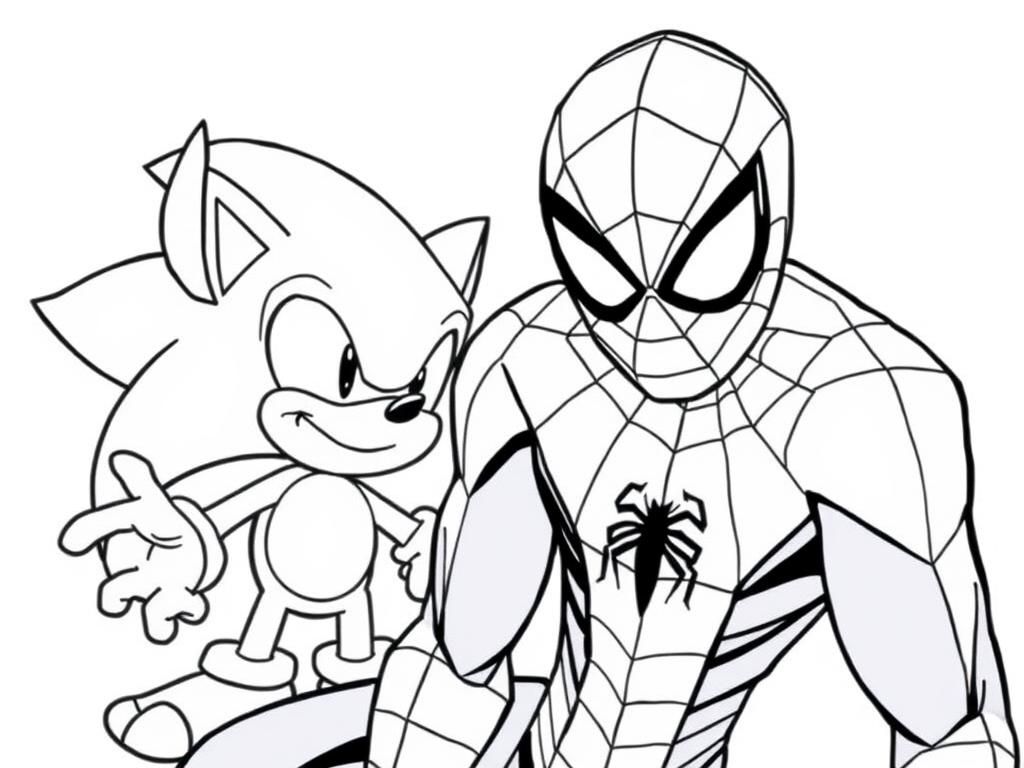 Spiderman with Sonic in the front, Stich is in the background. - Free Printable Coloring Page