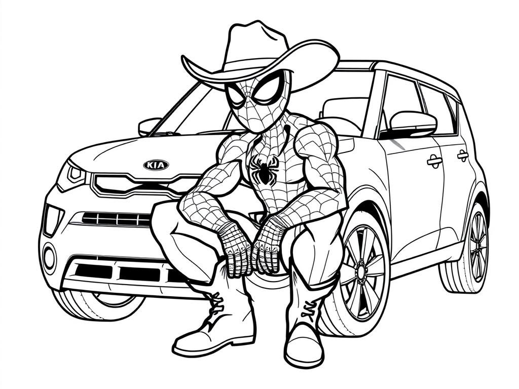 Spiderman and Kia Car Coloring Page