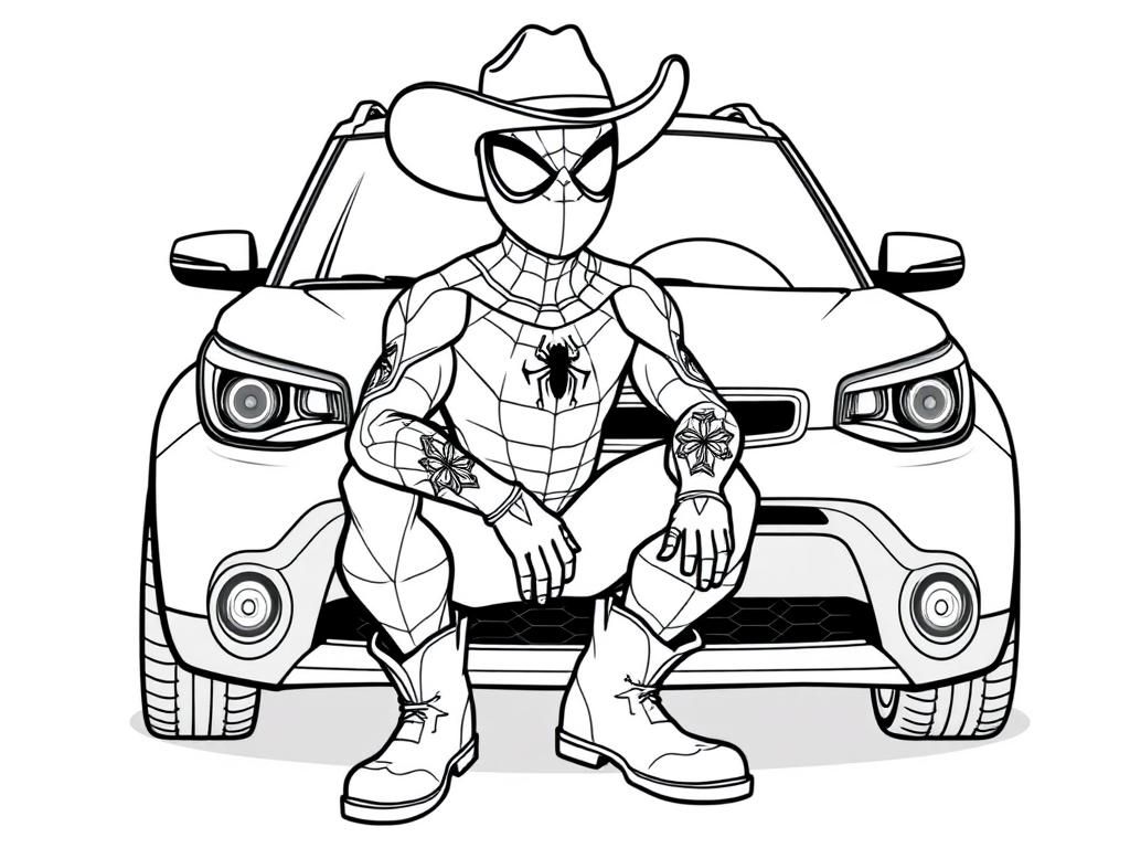 spiderman with tattoos wearing a cowboy hat and cowboy boots in front of a kia soul - Free Printable Coloring Page