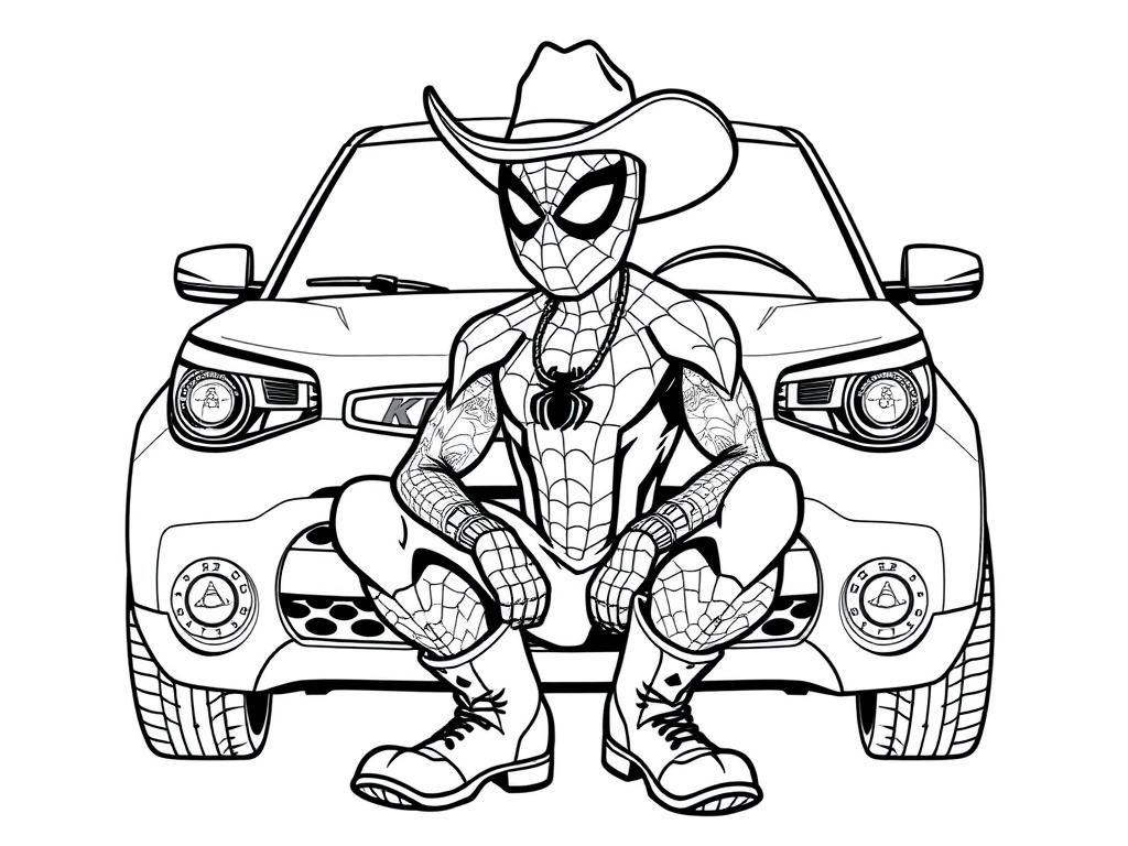 Spiderman Cowboy Car Coloring Page