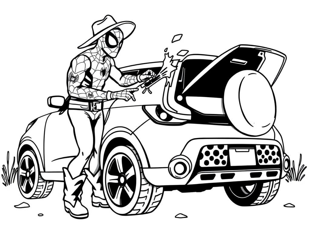 spiderman with tattoos wearing a cowboy hat and cowboy boots washing a kia soul - Free Printable Coloring Page