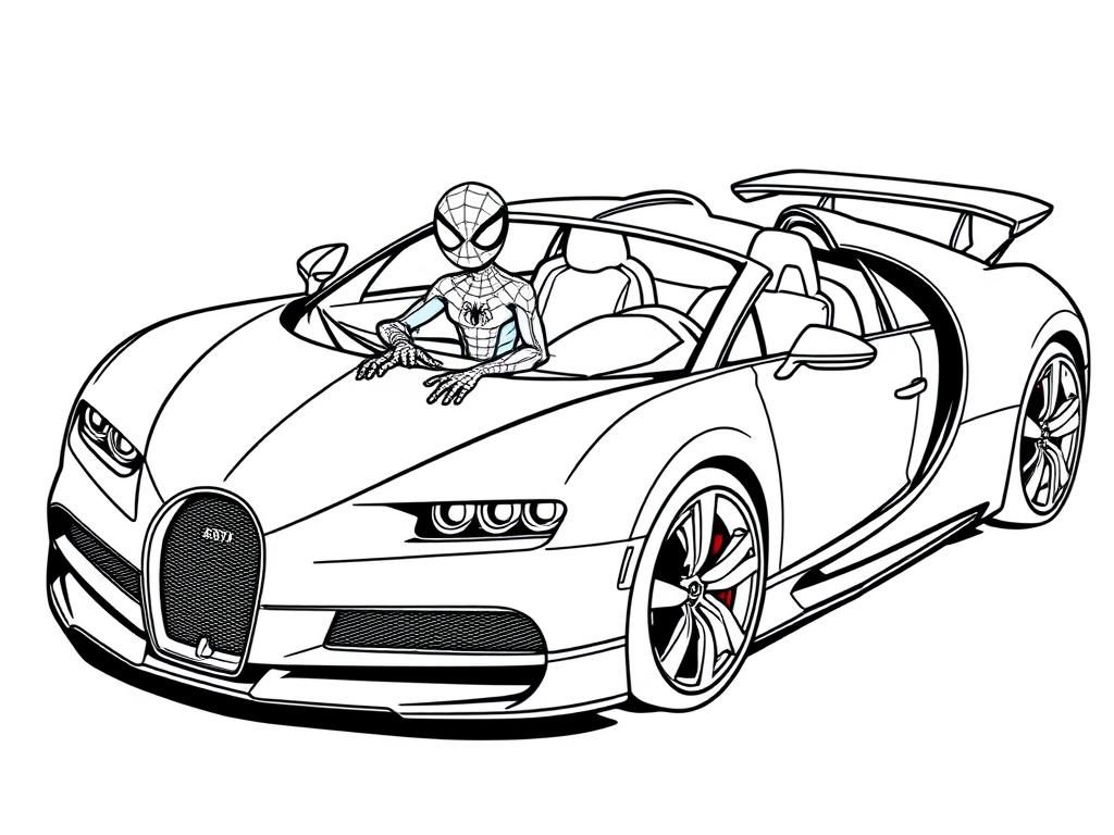 Spider-Man in Bugatti Sports Car Coloring Page