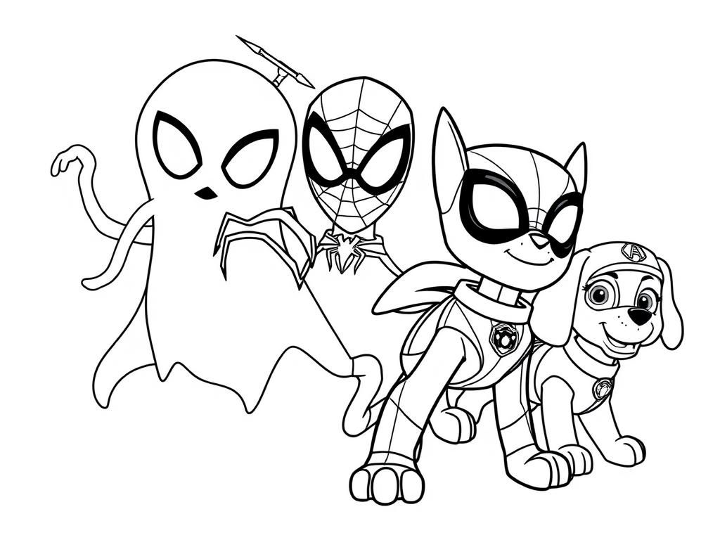 Preview of Spidey, Spin, Ghost Spider, and the members of the Paw Patrol