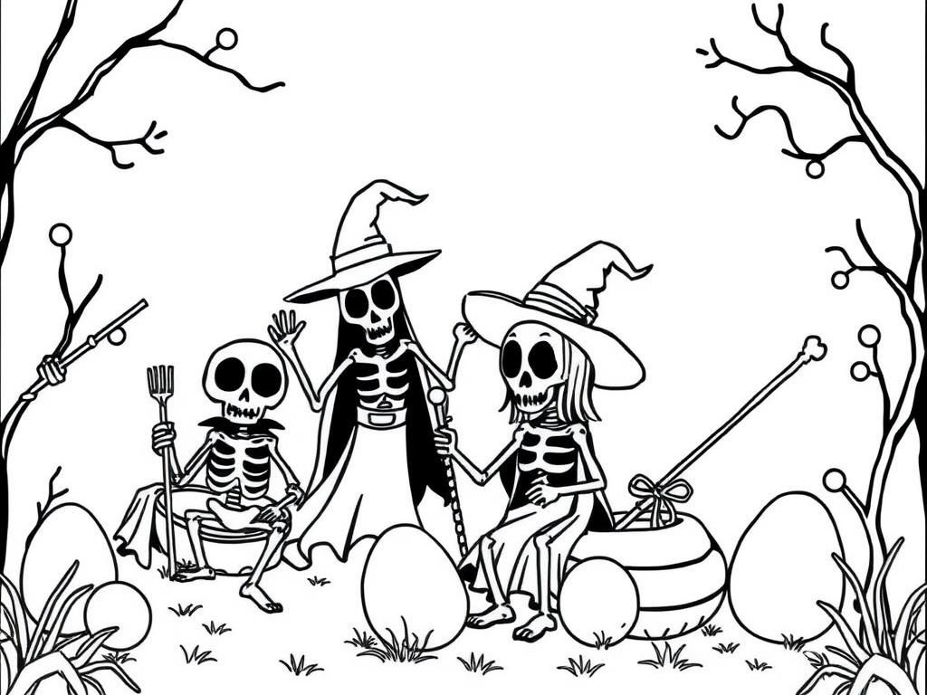Preview of spooky skeletons and witches in a cute easter scene