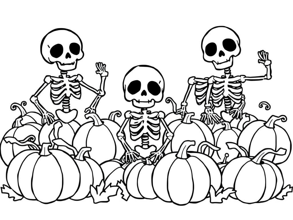 Preview of spooky skeletons in a cute pumpkin patch