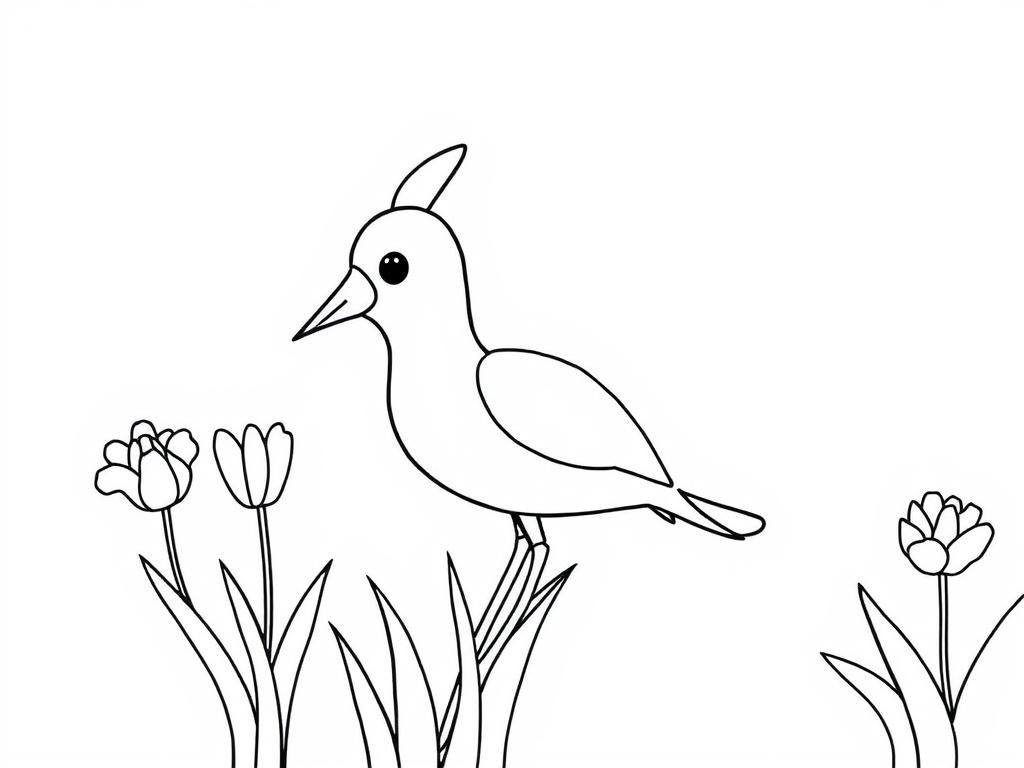 Bird in Tulips Coloring Page