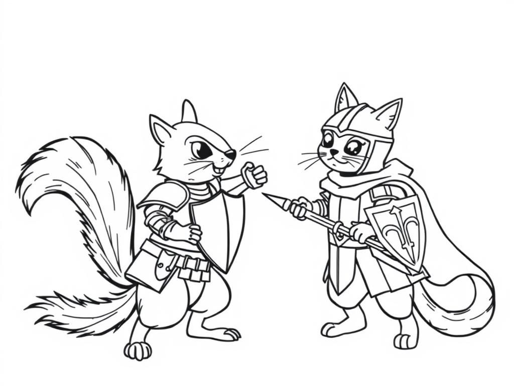Squirrel and Cat Medieval Duel Coloring Page