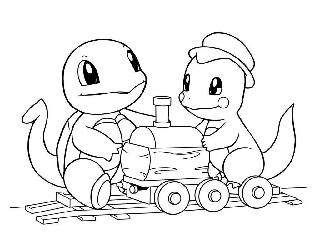 Preview of Squirtle and Charmander playing with a wooden train