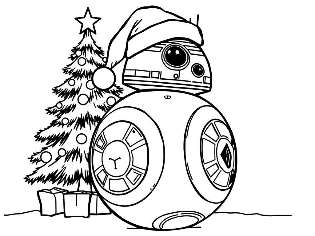 Preview of star wars bb8 with a christmas hat in front of a christmas tree