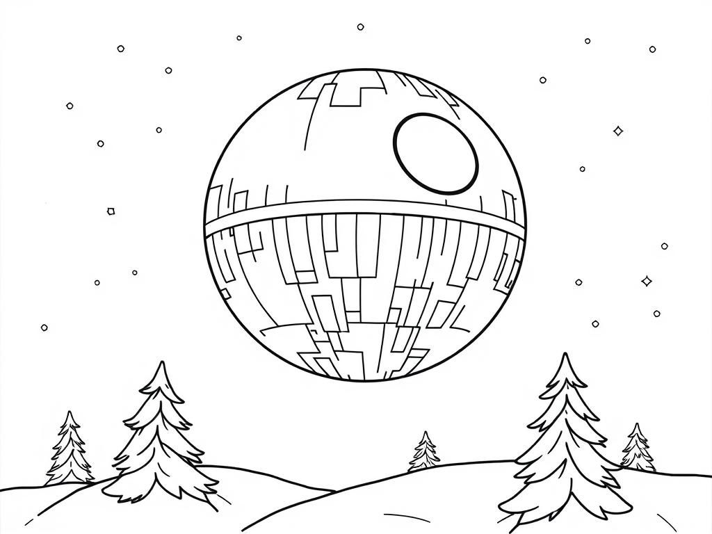 Space Scene with Death Star Coloring Page