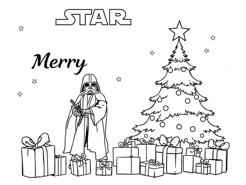 star wars merry christmas, gifts, tree, jedi - Free Printable Coloring Page