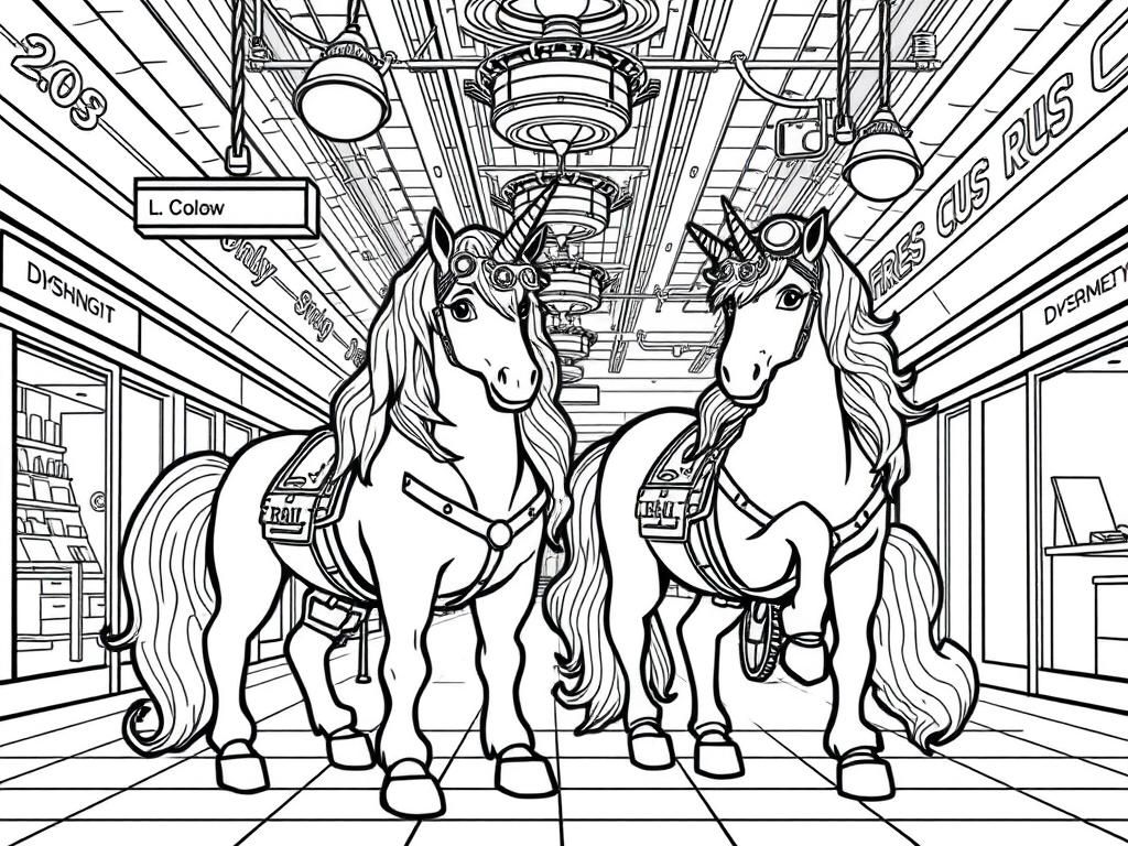 Preview of steam punk themed unicorns hanging out in a mall