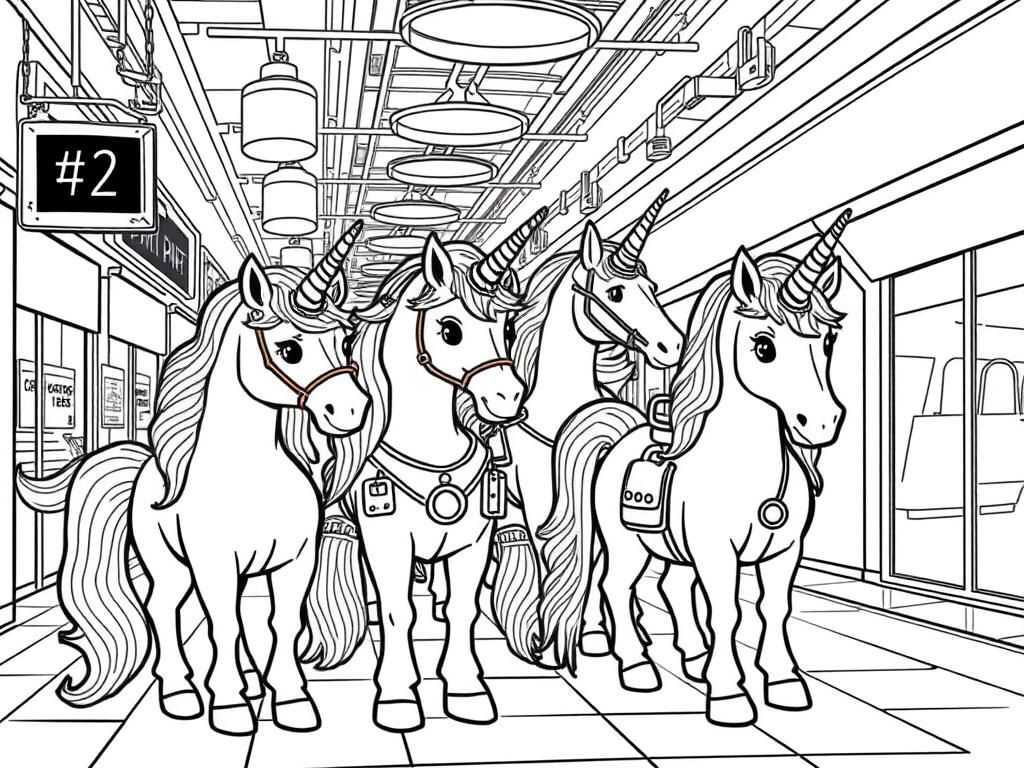 Preview of steam punk themed unicorns hanging out in a mall