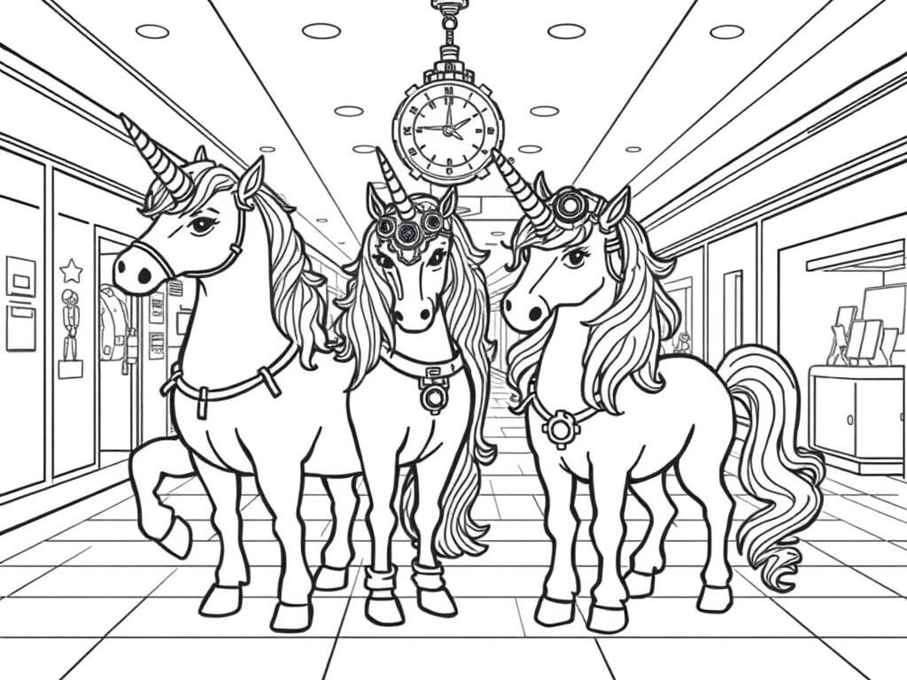 steam punk themed unicorns hanging out in a mall