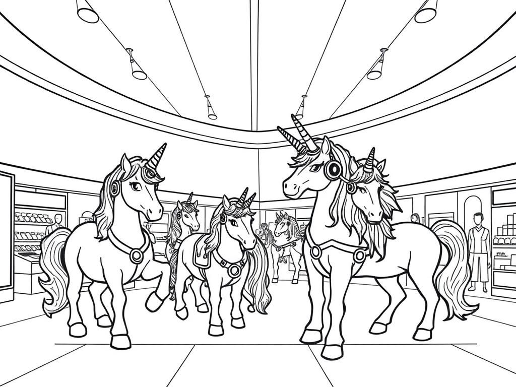 Preview of steam punk themed unicorns hanging out in a mall