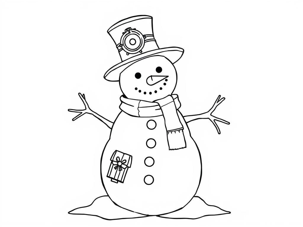Snowman Coloring Page with Gift and Top Hat