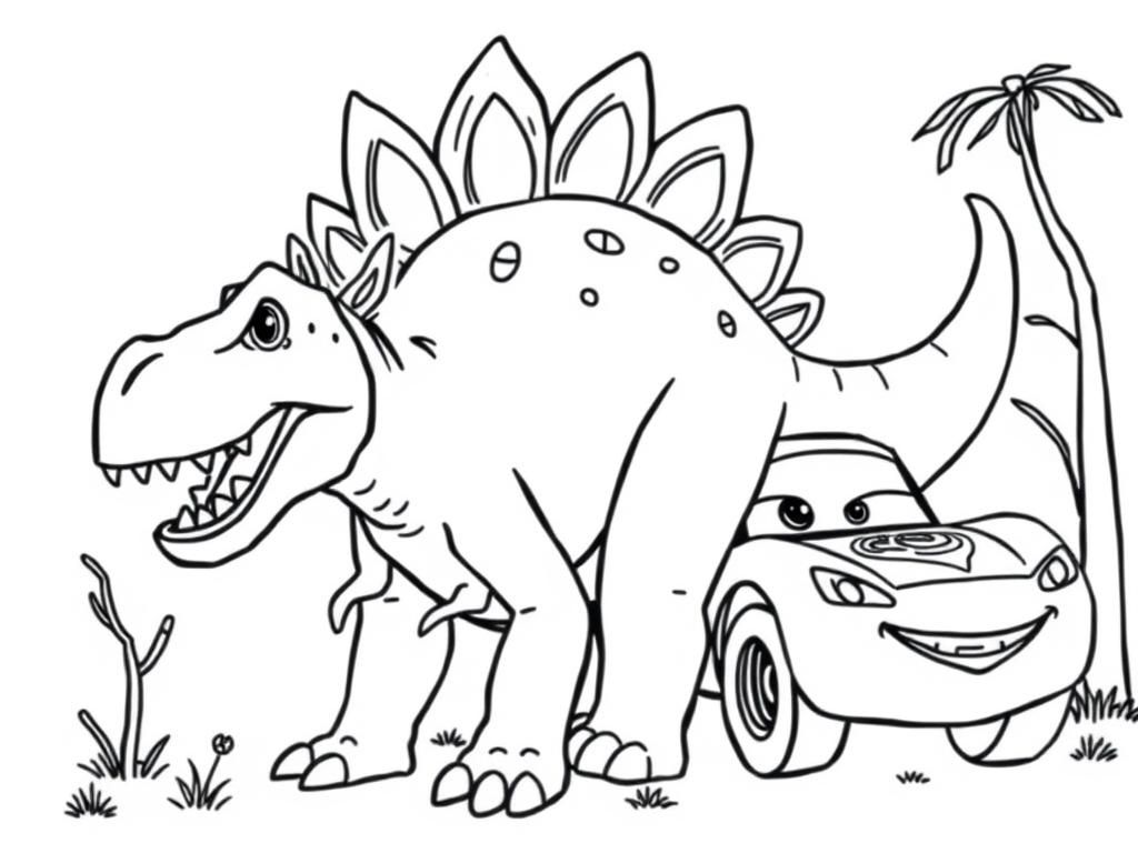 Dinosaur and Car Friends Coloring Page