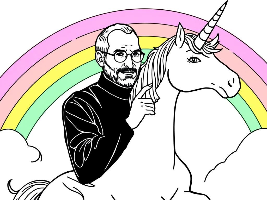 Preview of Steve jobs on a unicorn with a rainbow in the background