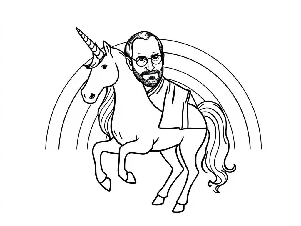 Preview of Steve jobs on a unicorn with a rainbow in the background.