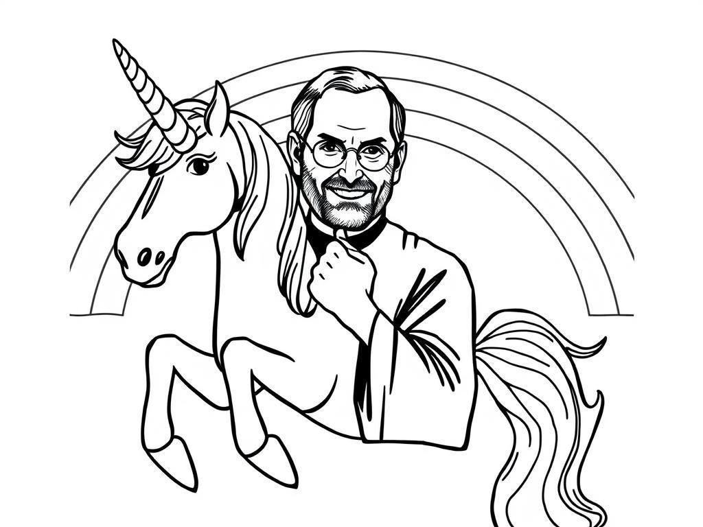 Preview of Steve jobs on a unicorn with a rainbow in the background. No colors