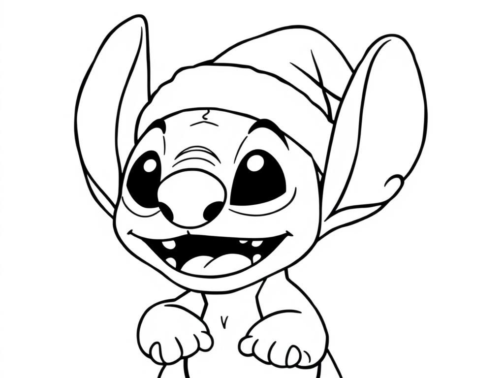 Preview of Stitch (from Lilo and Stitch) wearing a christmas hat, where you see the entire hat including the top part, and Stitch is making a funny face, stretching his mouth open, and the whole figure is shown