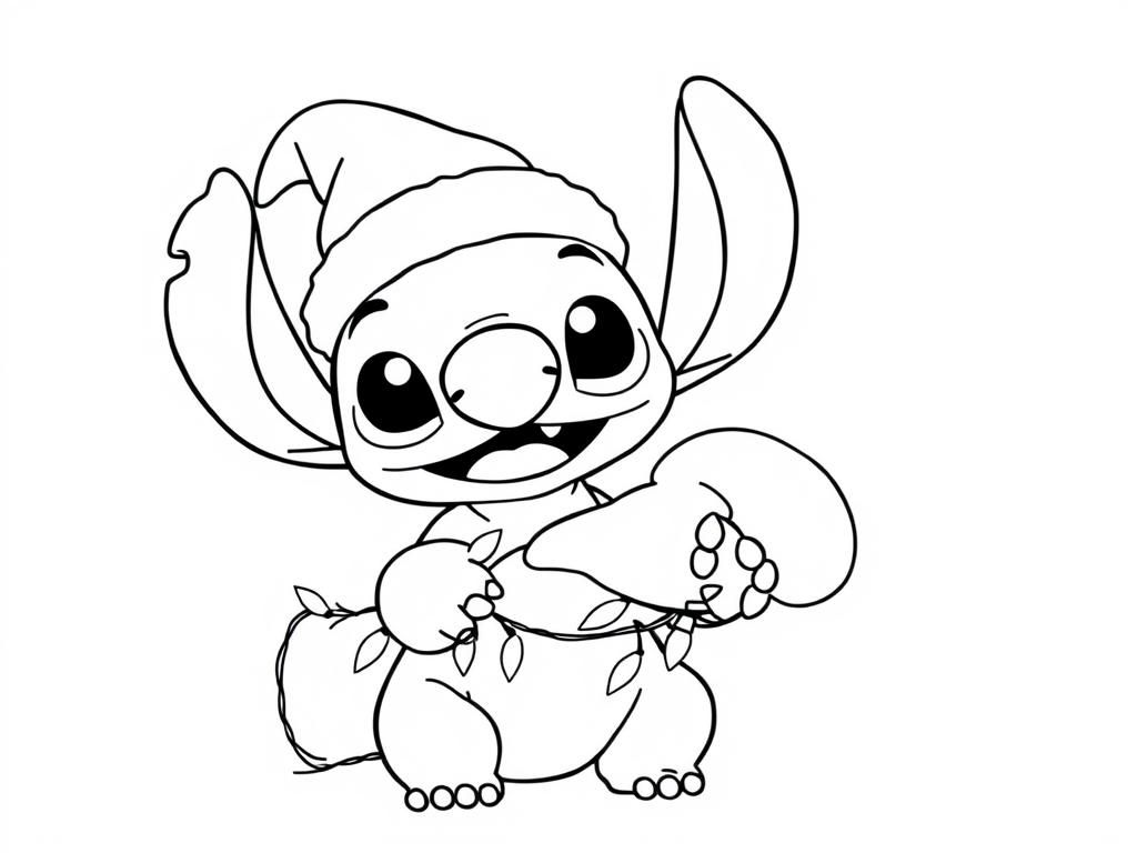 Preview of Stitch (from Lilo and Stitch) with a christmas hat, holding christmas lights, ready to eat a turkey for dinner