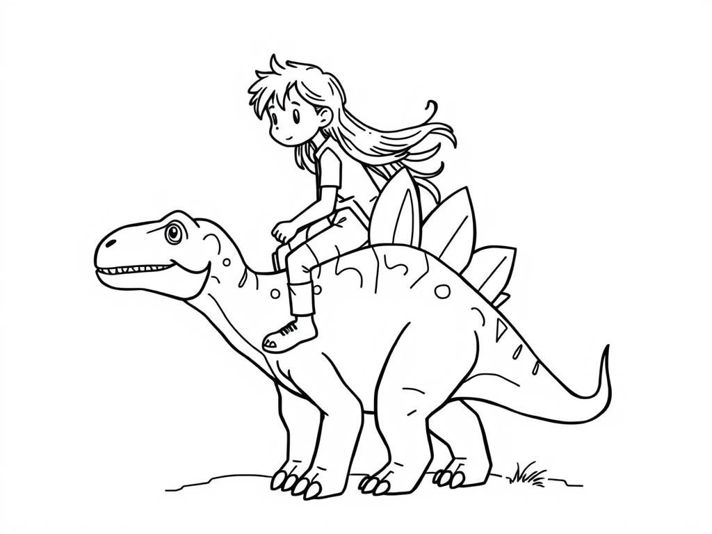Girl Riding Dinosaur Coloring Page