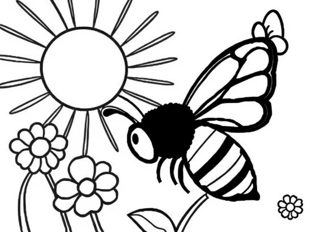 Coloring Page of a Busy Bee in a Garden