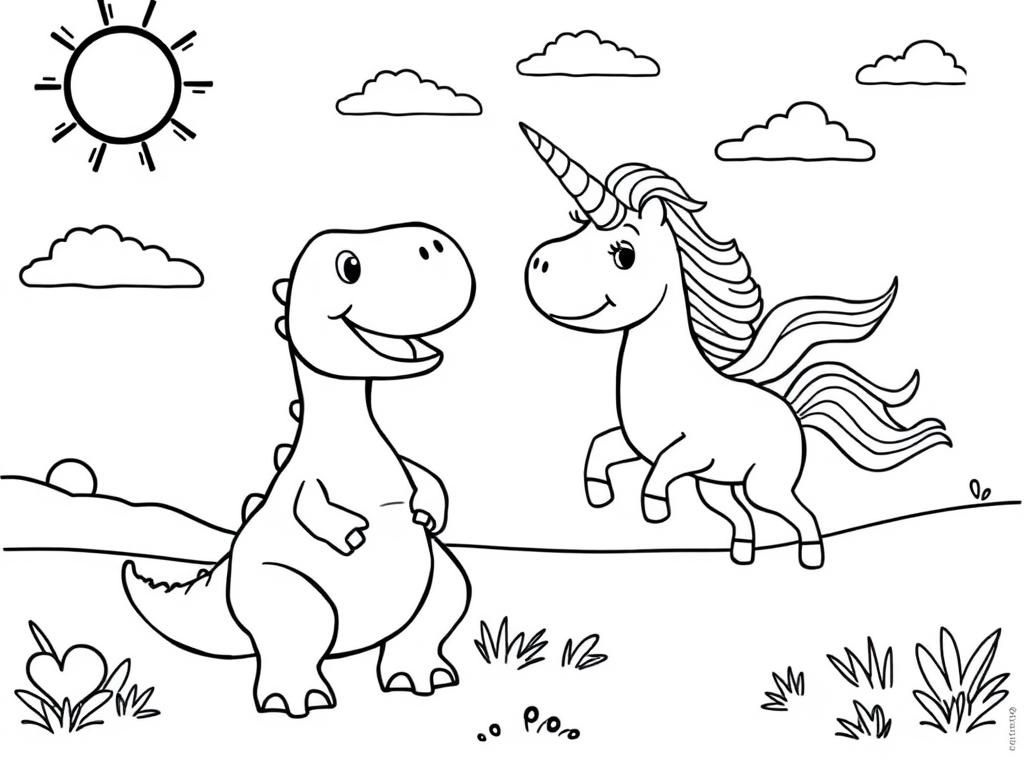 Dino Meets Unicorn Coloring Page