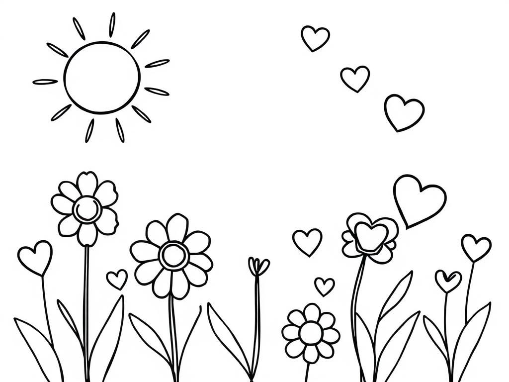 Flower and Heart Coloring Page for Kids and Adults