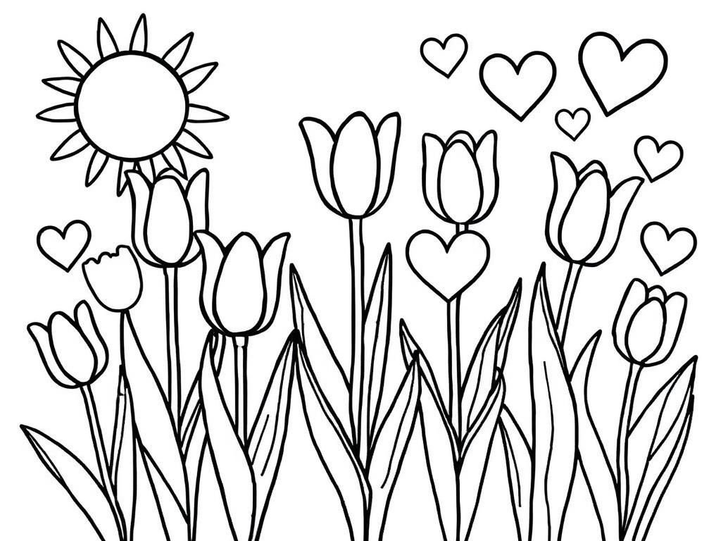 Coloring Page of Tulips and Hearts
