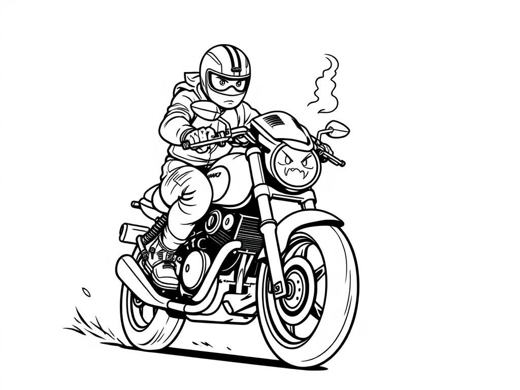 Super Bike with angry eyes on the place of lighter with a biker riding it