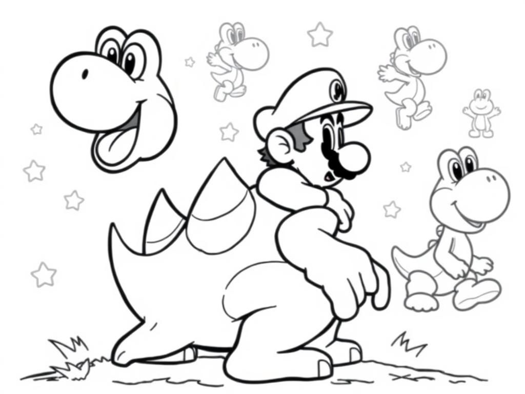 Preview of Super mario on the back of diddy kong. Various Yoshi's in the background.