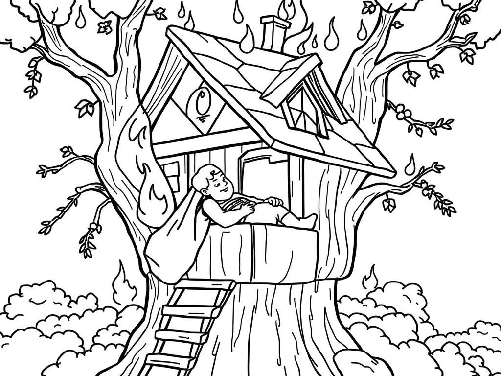 Superman sleeping in a treehouse on fire