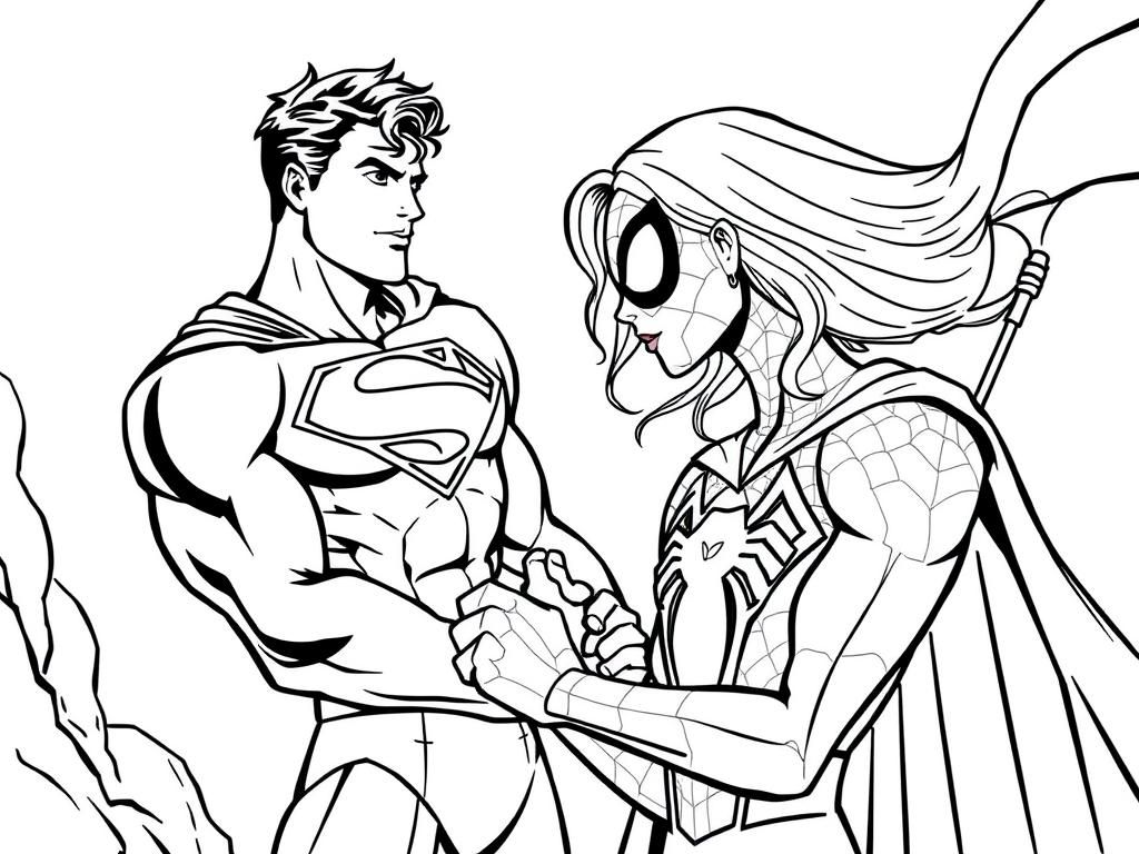Kleurplaat Superman en Spider-Woman