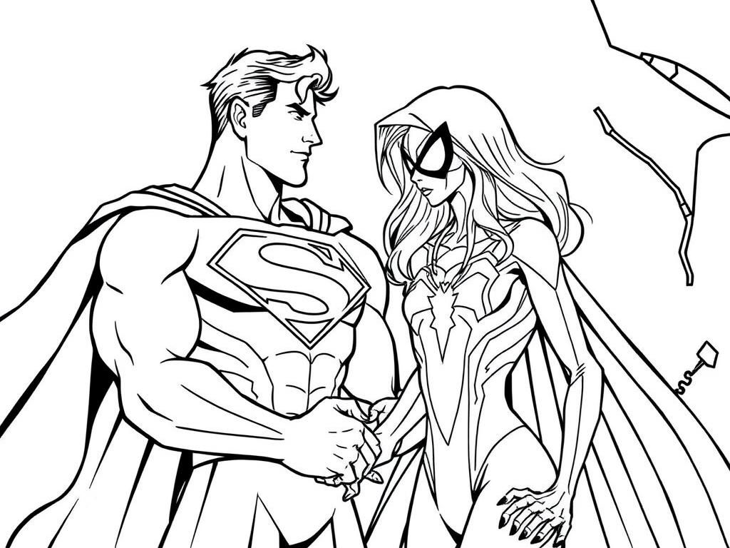 Kleurplaat Superman en Spiderwoman