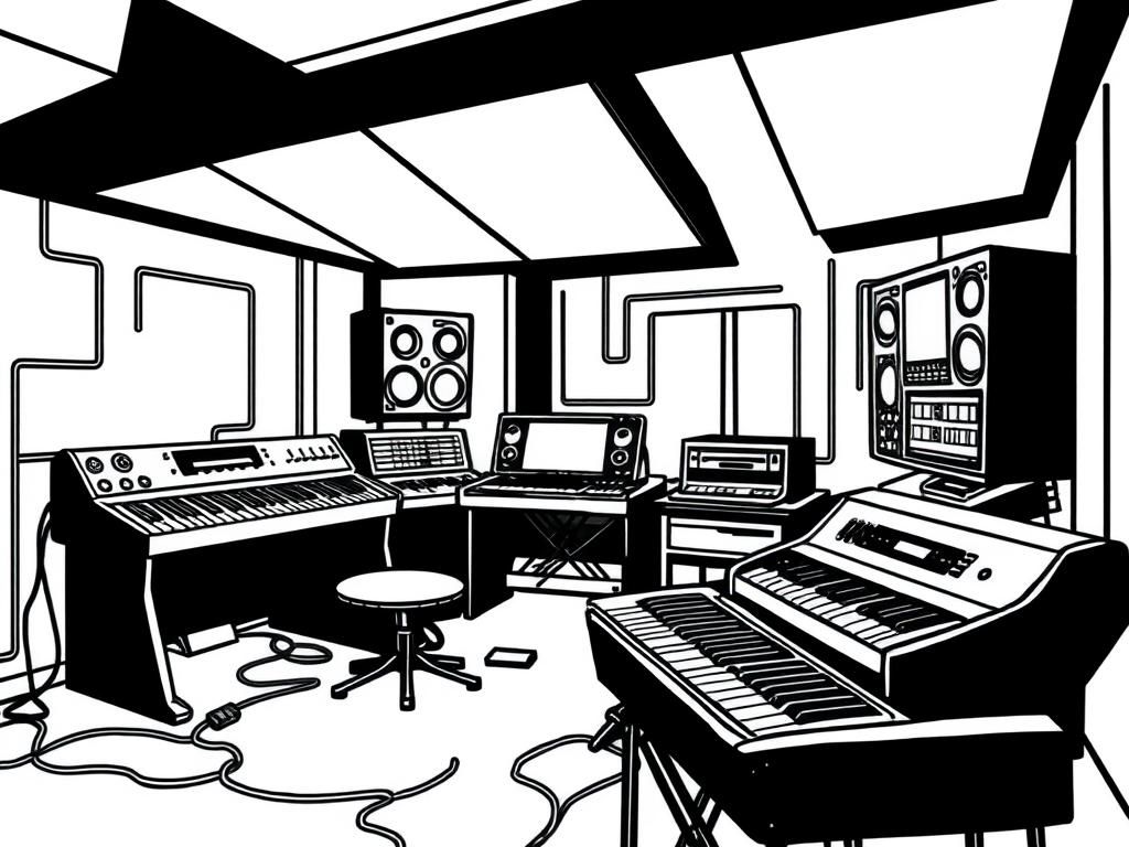 synthesizers in a labyrinth style studio