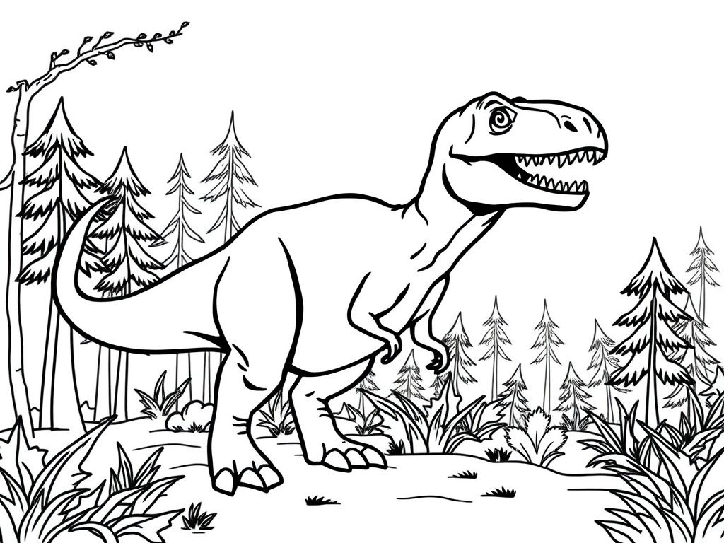 Tyrannosaurus Rex in Forest Coloring Page