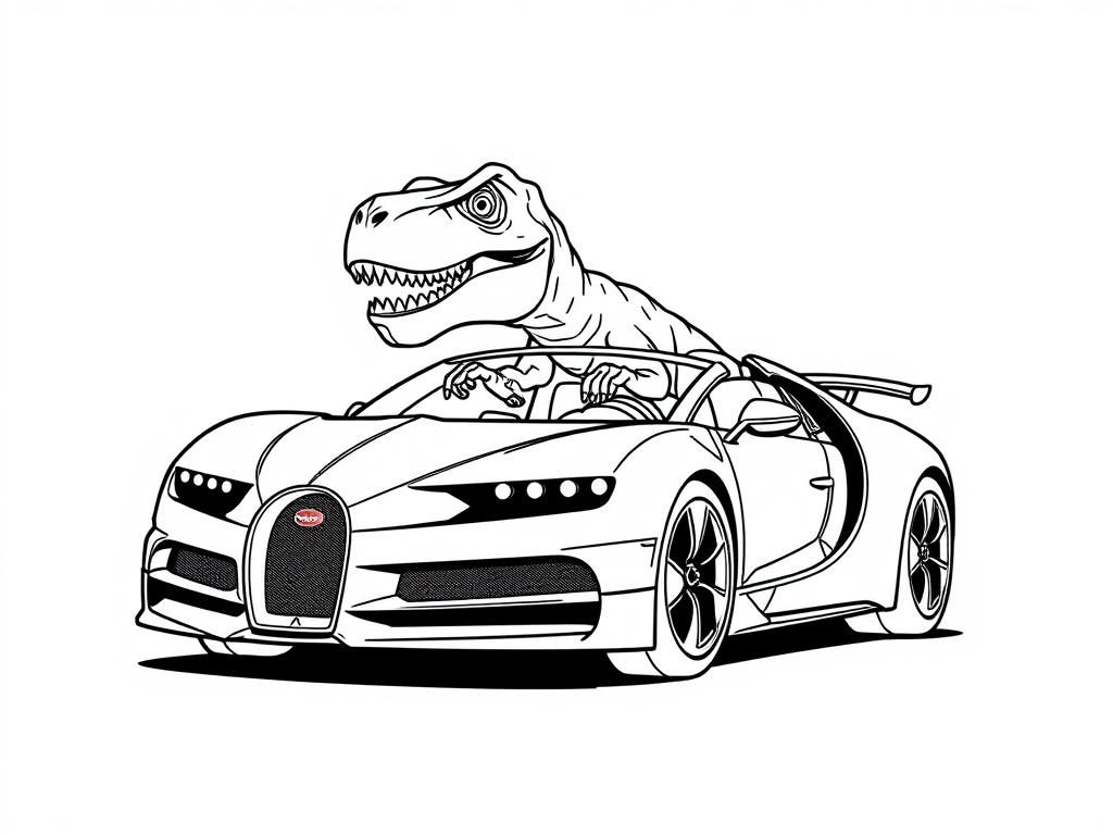 t-rex driving bugatti - Free Printable Coloring Page
