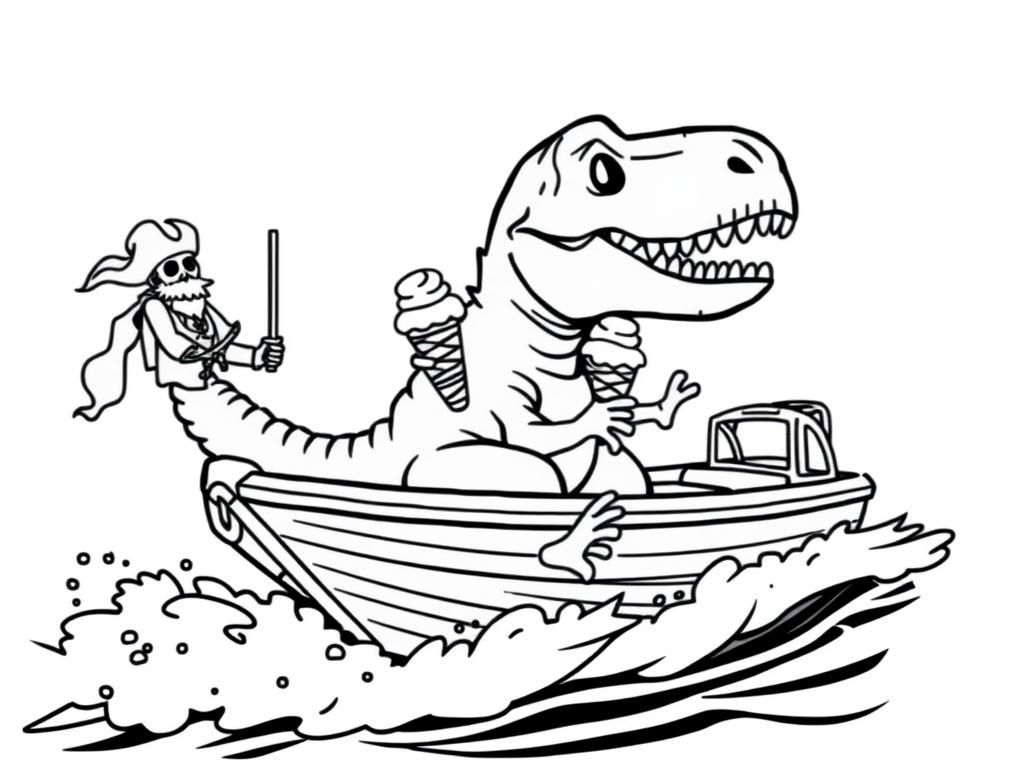 t-rex eating ice cream on a speedboat with a pirate