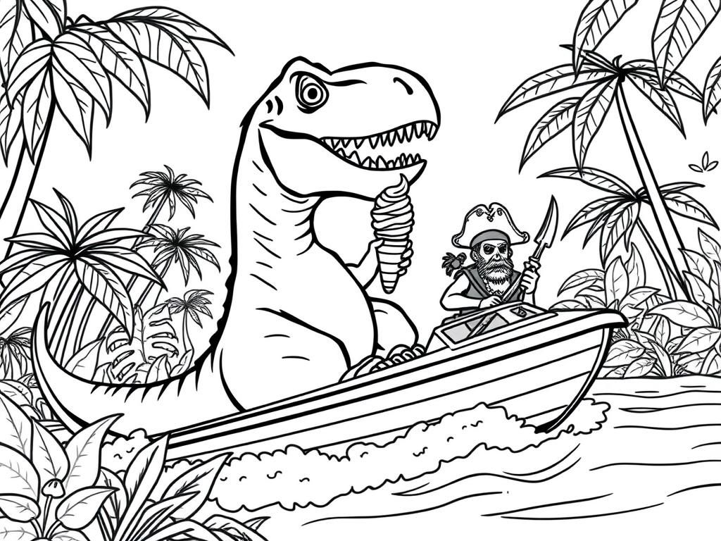 Preview of t-rex eating ice cream on a speedboat with a pirate in the rainforest