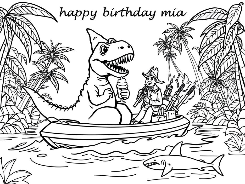 Preview of t-rex eating ice cream on a speedboat with a pirate in the rainforest. there's a baby shark in the water. can you write "happy birthday mia" at the top