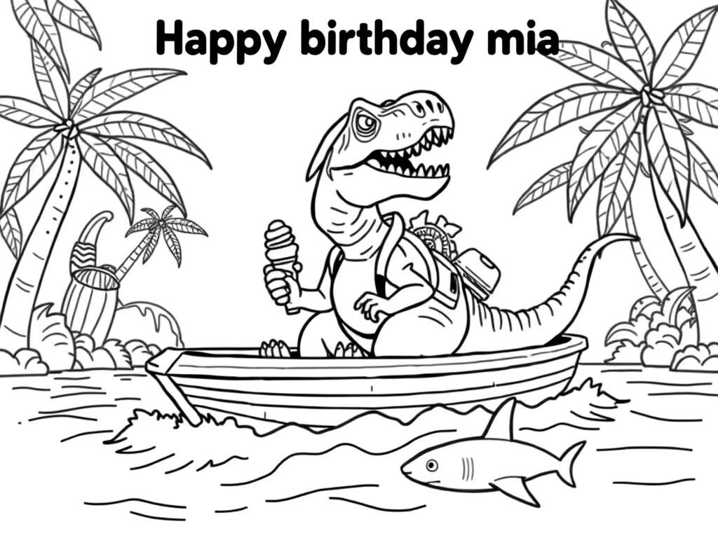 Preview of t-rex eating ice cream on a speedboat with a pirate in the rainforest. there's a baby shark in the water. can you write "happy birthday mia" in block letters at the top