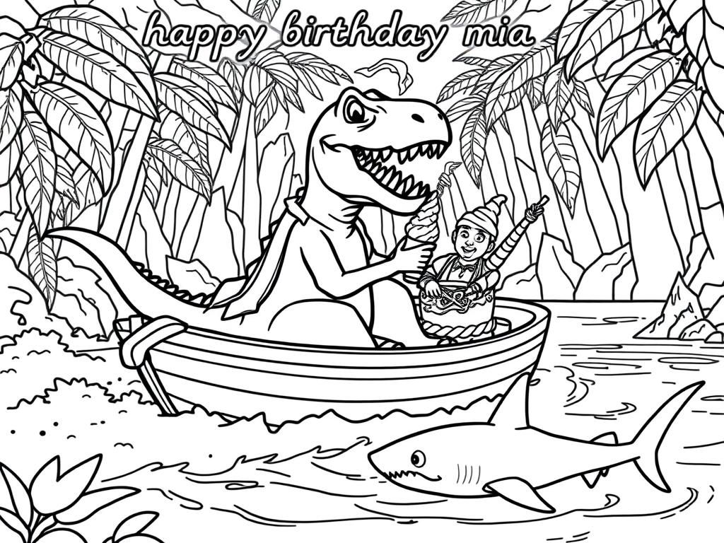 Preview of t-rex eating ice cream on a speedboat with a pirate in the rainforest. there's a baby shark in the water. can you write "happy birthday mia" in times new roman at the top