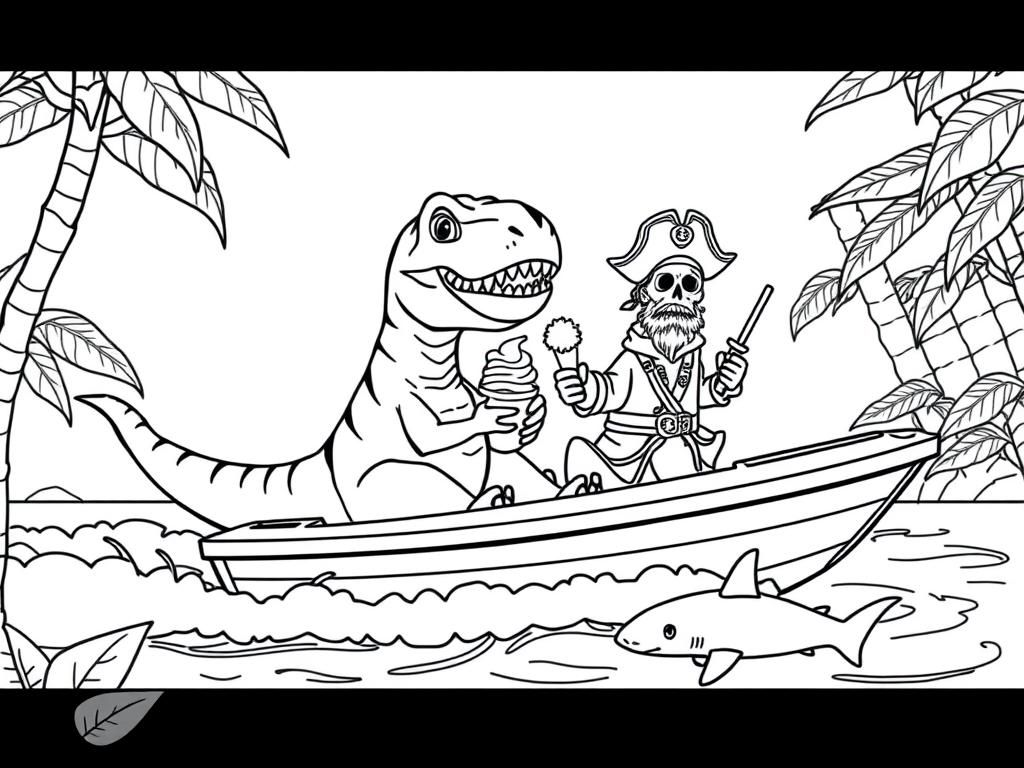 Preview of t-rex eating ice cream on a speedboat with a pirate in the rainforest. there's a baby shark in the water